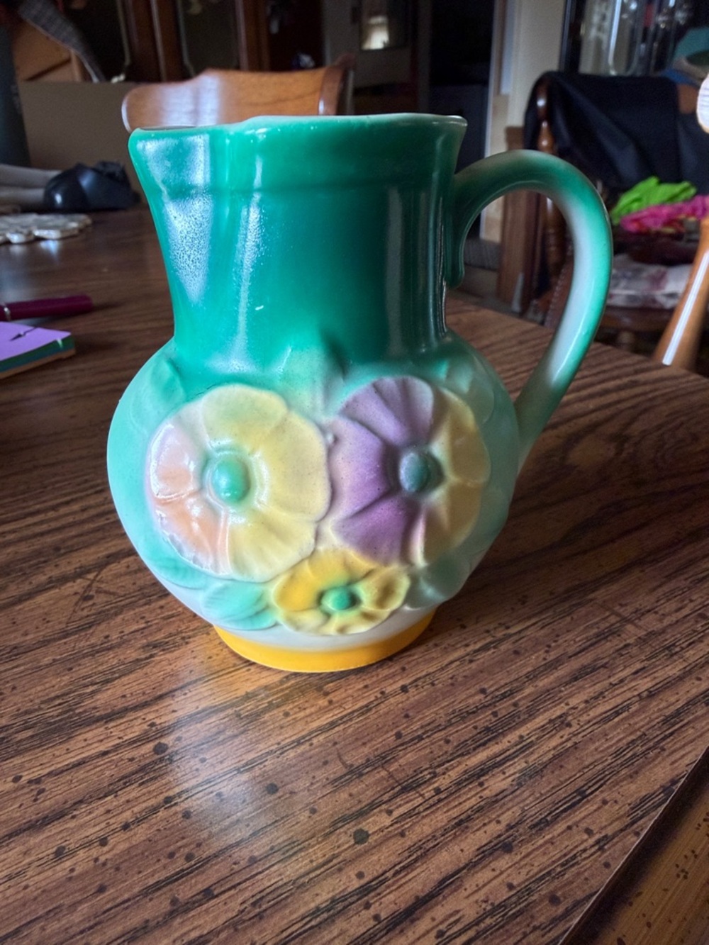 Czech Pottery Green Floral Ceramic Pitcher with Pastel Flowers